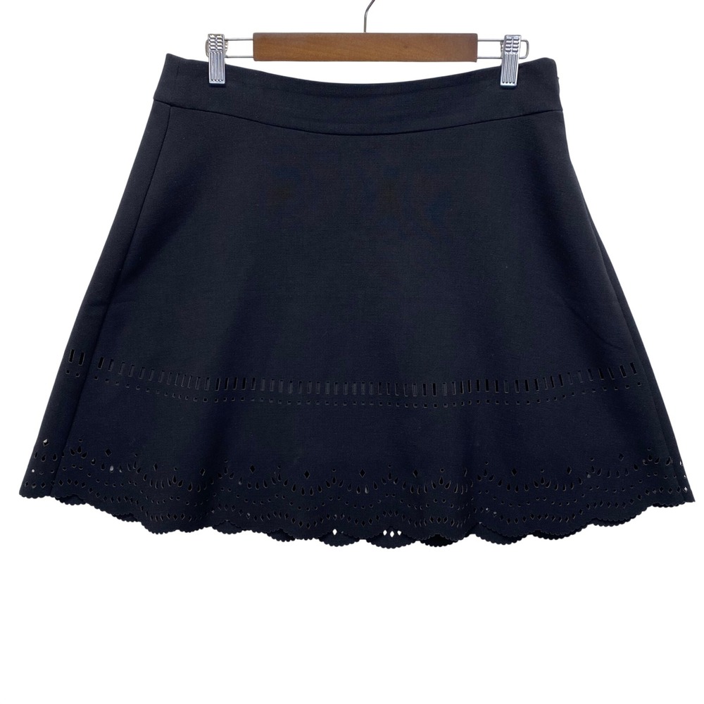 Ann Taylor LOFT Black Laser Cut Eyelet Scalloped A-Line Skirt Women 10 Business